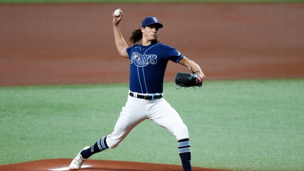 May 26, 2021; St. Petersburg, Florida, USA; Tampa Bay Rays starting pitcher Tyler Glasnow (20) throws a picot in the first inning agains the Kansas City Royals at Tropicana Field. Mandatory Credit: Nathan Ray Seebeck-USA TODAY Sports